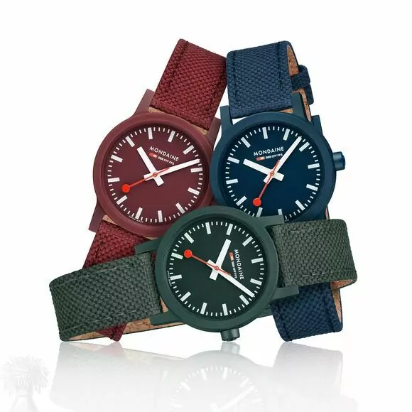 Collection of Ladies Eco-Friendly Mondaine Ocean Blue Watch, red, blue and green in colour